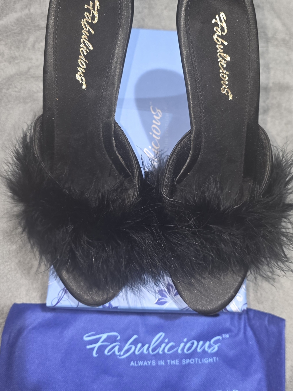 Women's Black Fur-trim “Poofy Heel” Clear Heel Mules - Picture 2 of 5